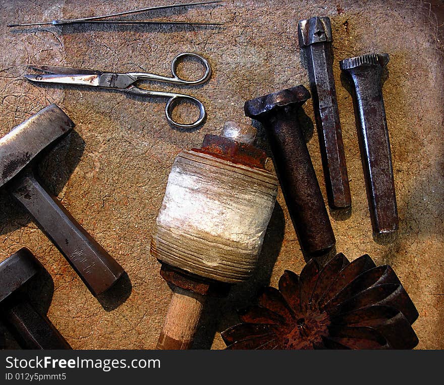 Old iron and steel tools. Old iron and steel tools