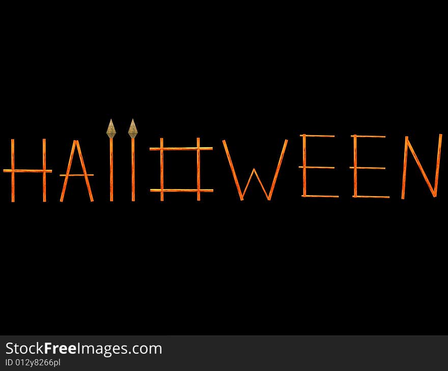 3D an illustration with the image of a word a Halloween made of wooden sticks.