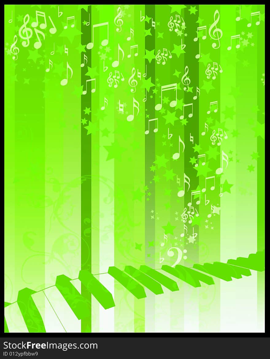 Keyboard on green background with stars  and musical notes. Keyboard on green background with stars  and musical notes