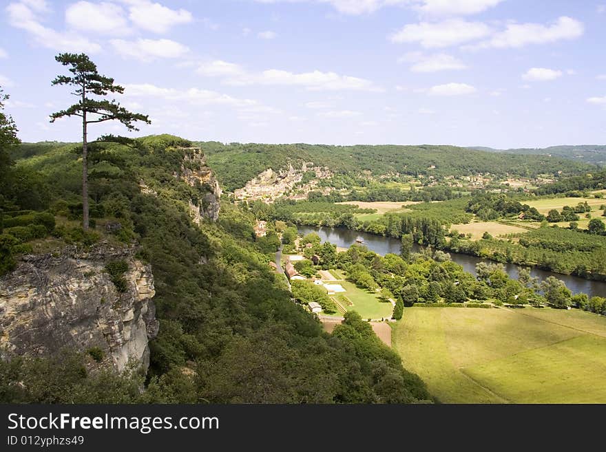 View over fields and the River Dordogne in France. View over fields and the River Dordogne in France