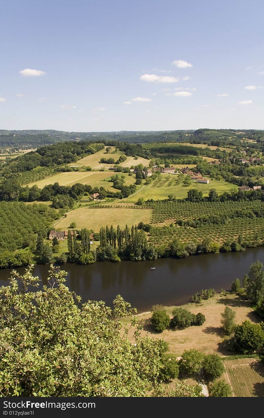 View over fields and the River Dordogne in France. View over fields and the River Dordogne in France