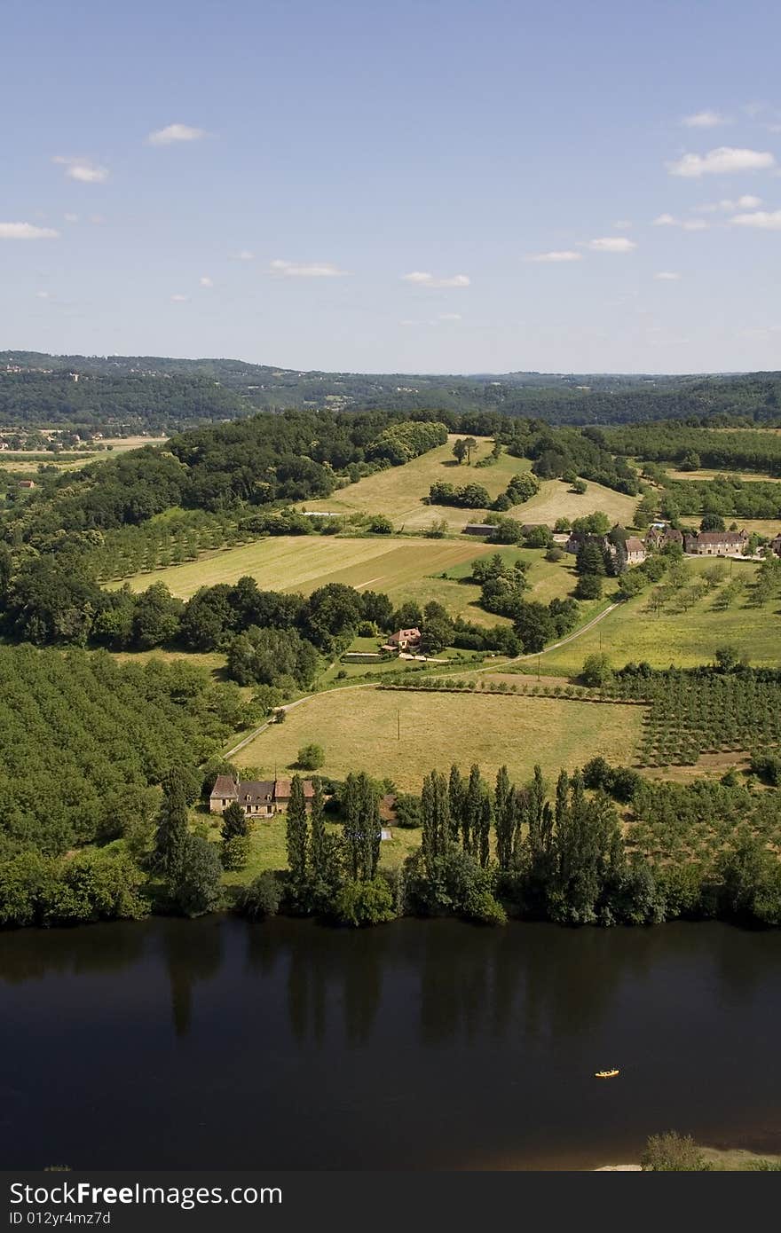 View over fields and the River Dordogne in France