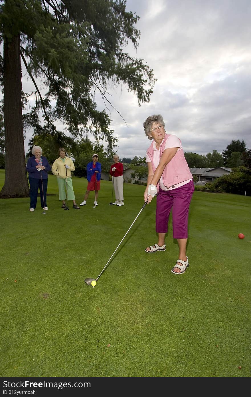 Five elderly women playing golf. Five elderly women playing golf