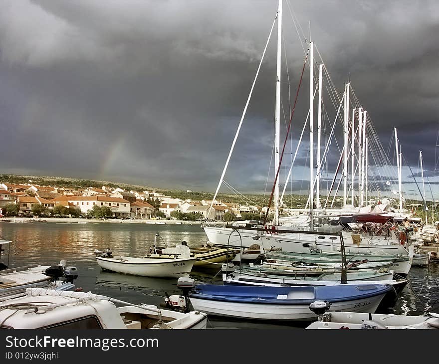 Croatia - city Primosten - anchorage by boat in harbour