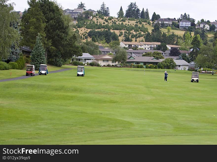 Golf course with golf carts on it. Horizontally framed photo.