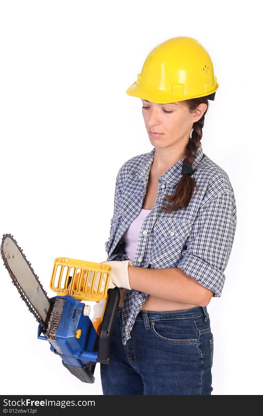 Beauty woman with chainsaw on white background