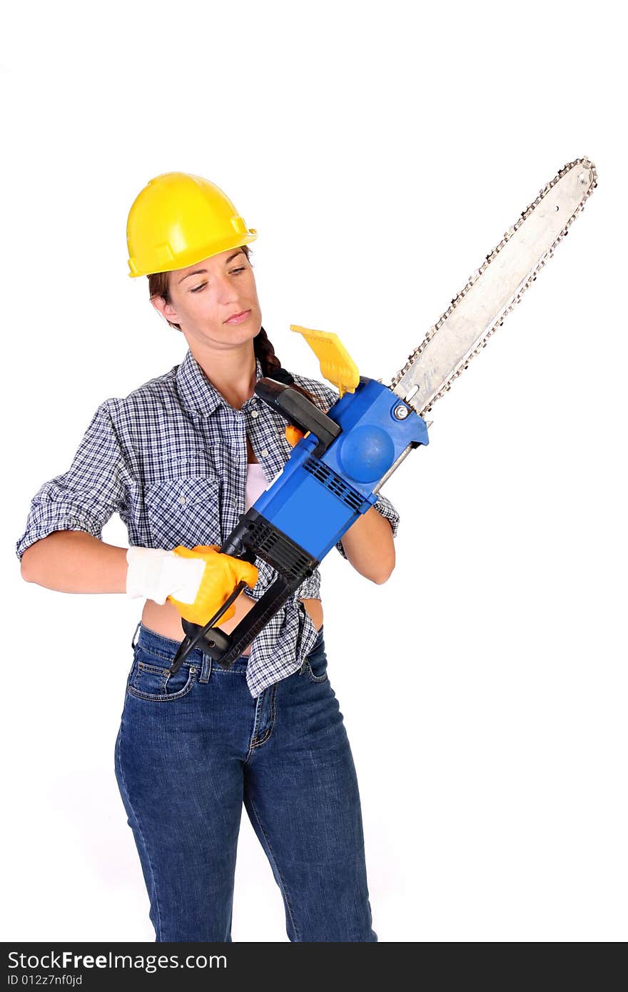 Beauty woman with chainsaw on white background