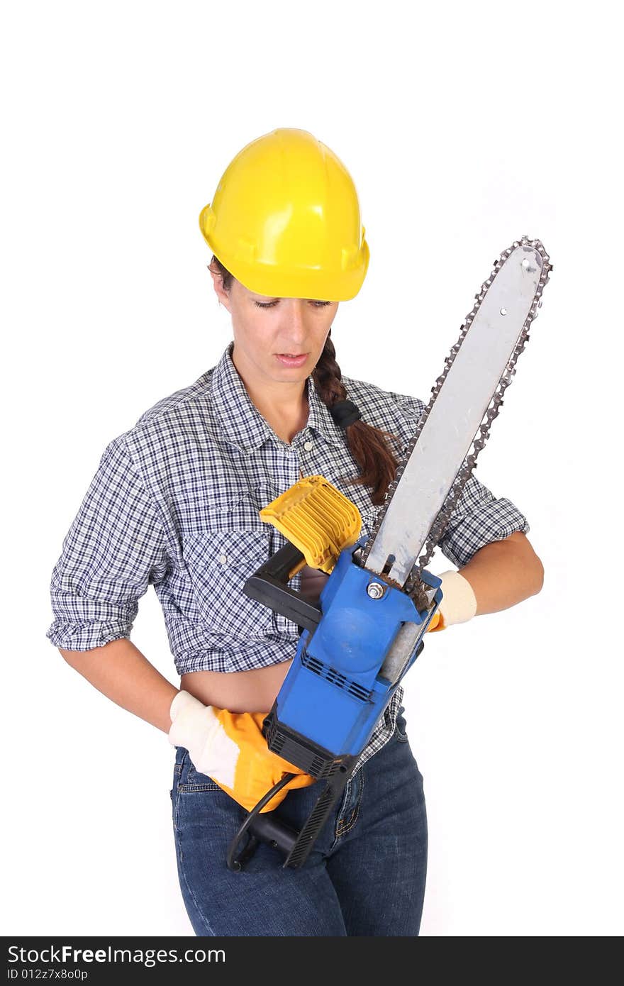 Beauty woman with chainsaw on white background