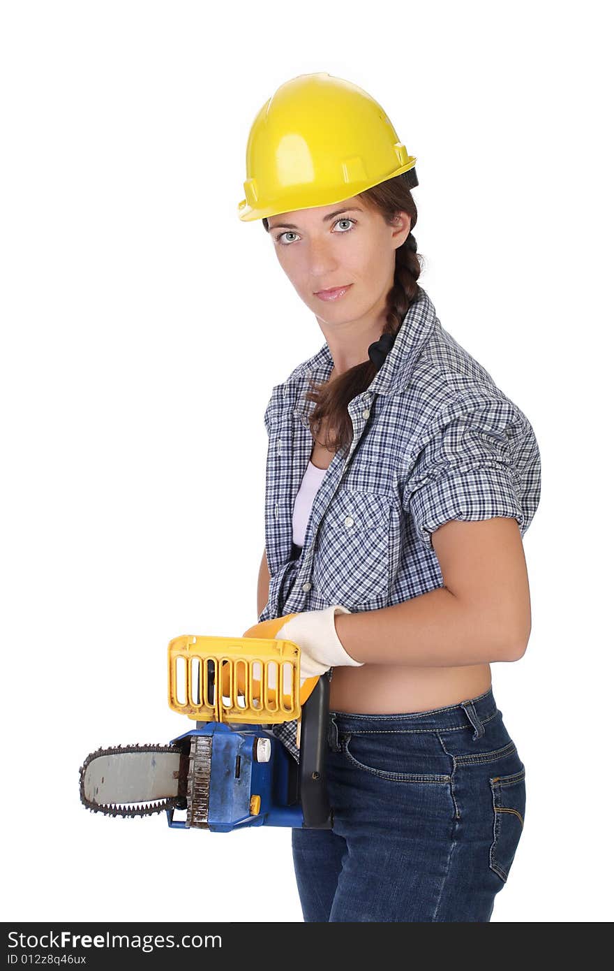 Beauty woman with chainsaw on white background