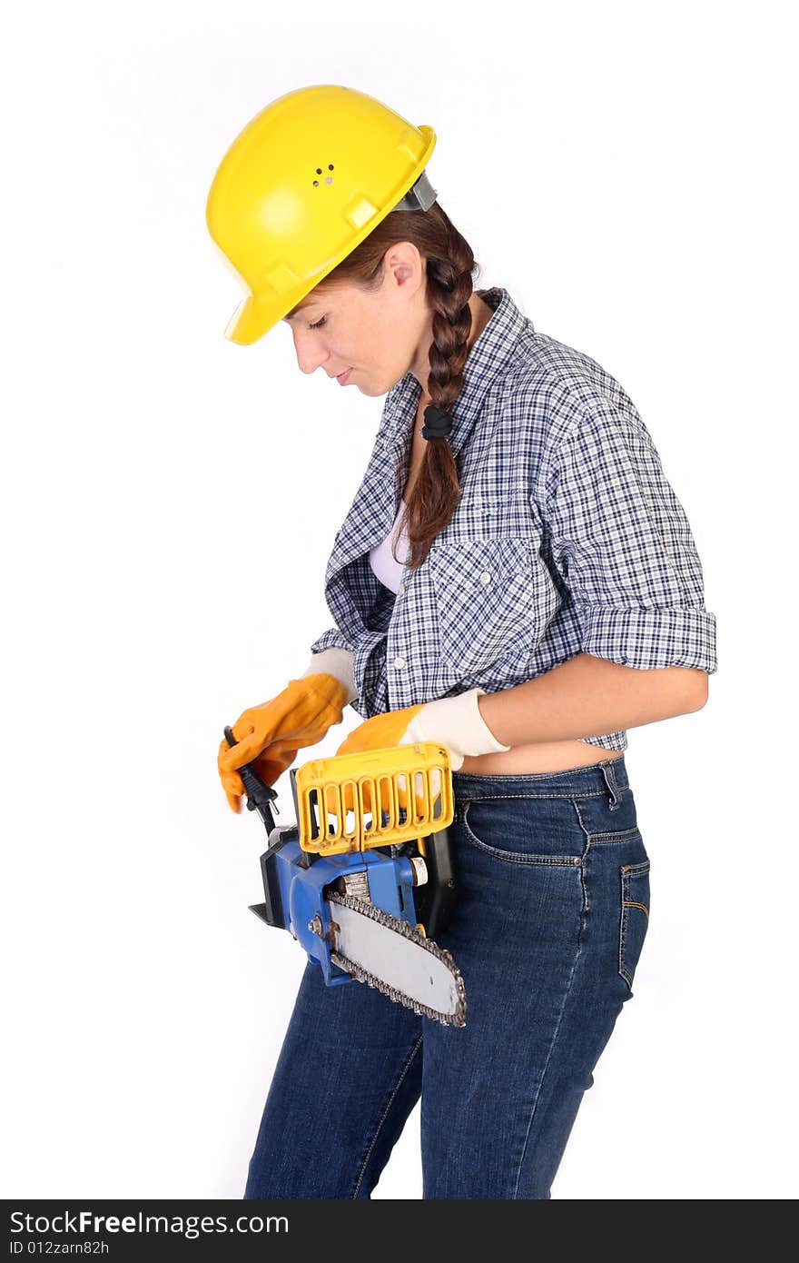 Beauty woman with chainsaw on white background