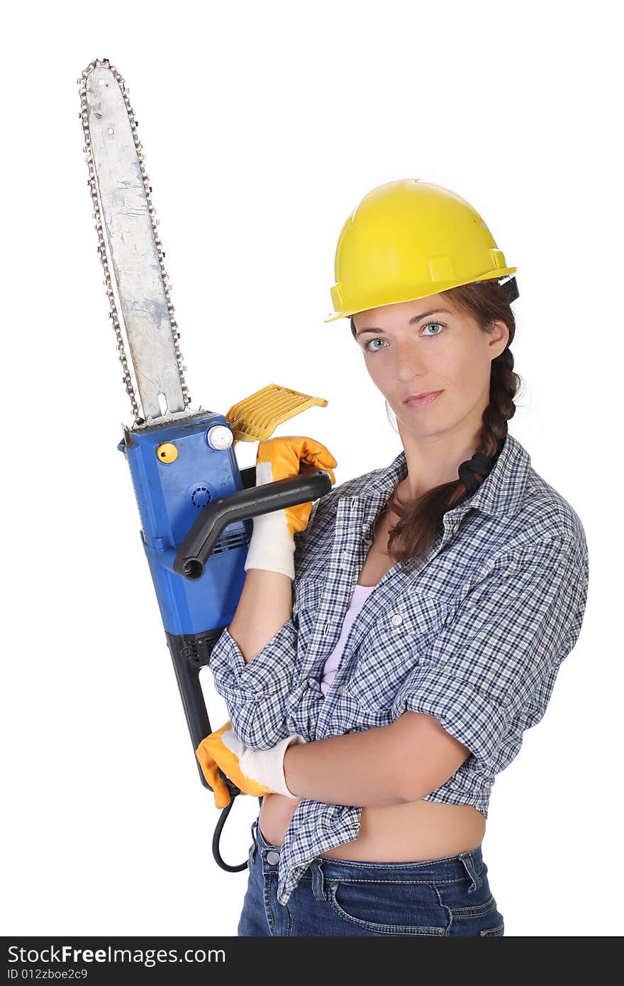 Beauty woman with chainsaw on white background