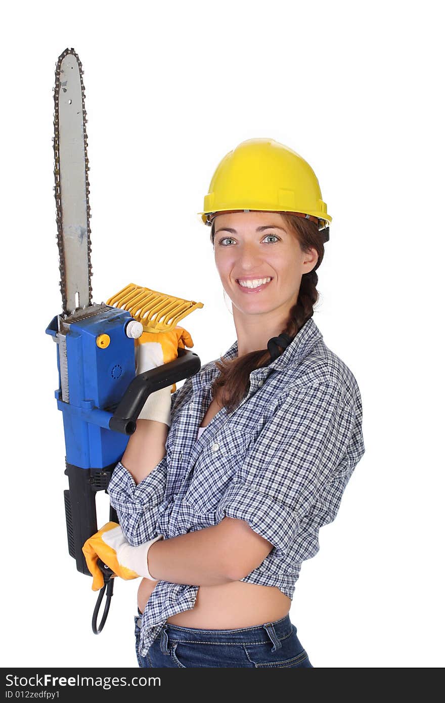 Beauty woman with chainsaw on white background