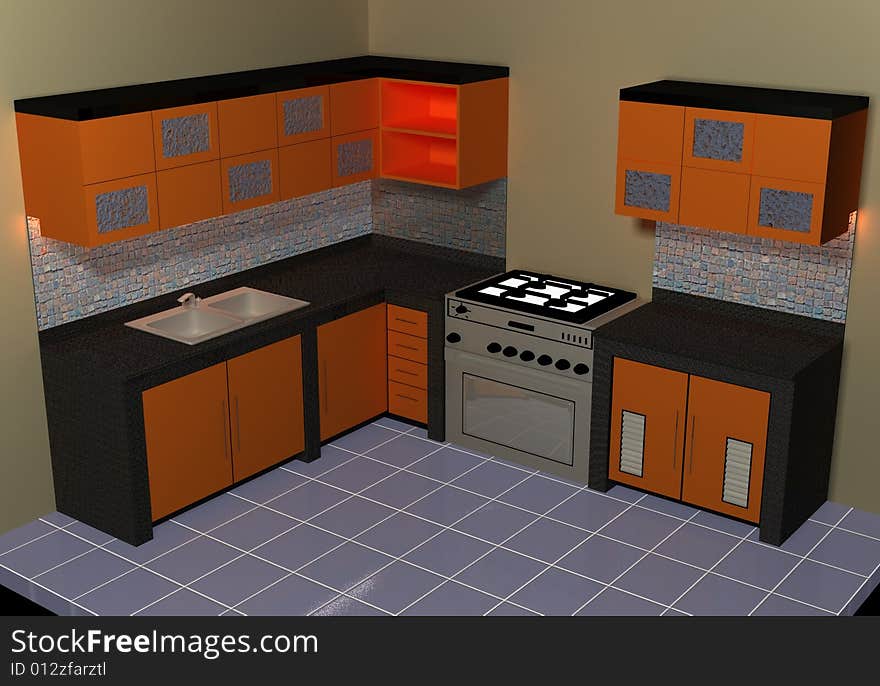 Nice kitchen set can be used for a little home that combined from wood, granit, glass, and lamp behind