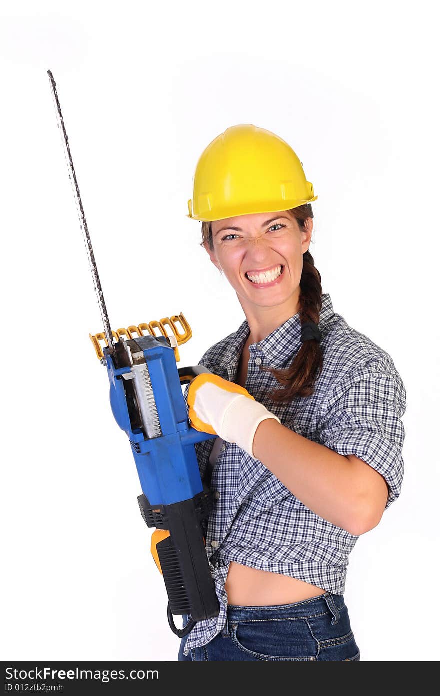 Mad woman with chainsaw on white background