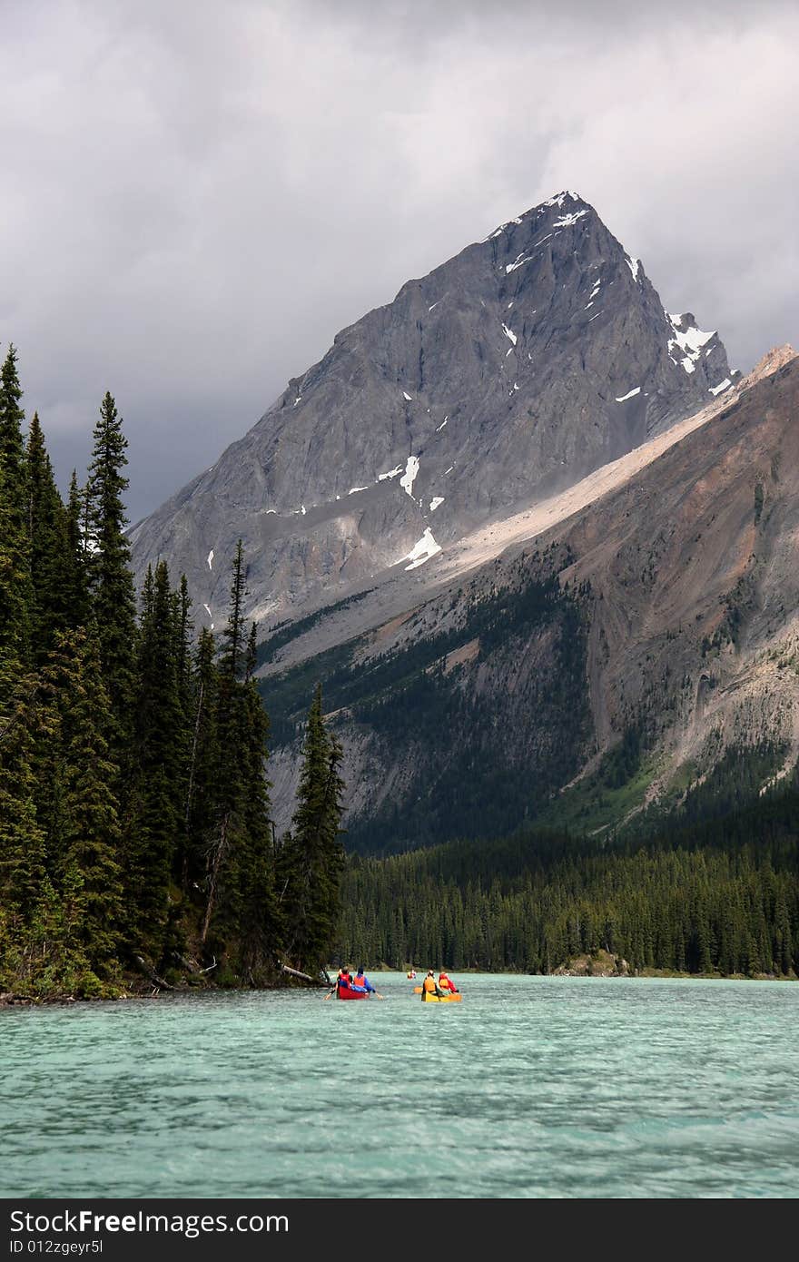 Rugged peaks above Maligne Lake in Jasper National Park, Canadian Rockies