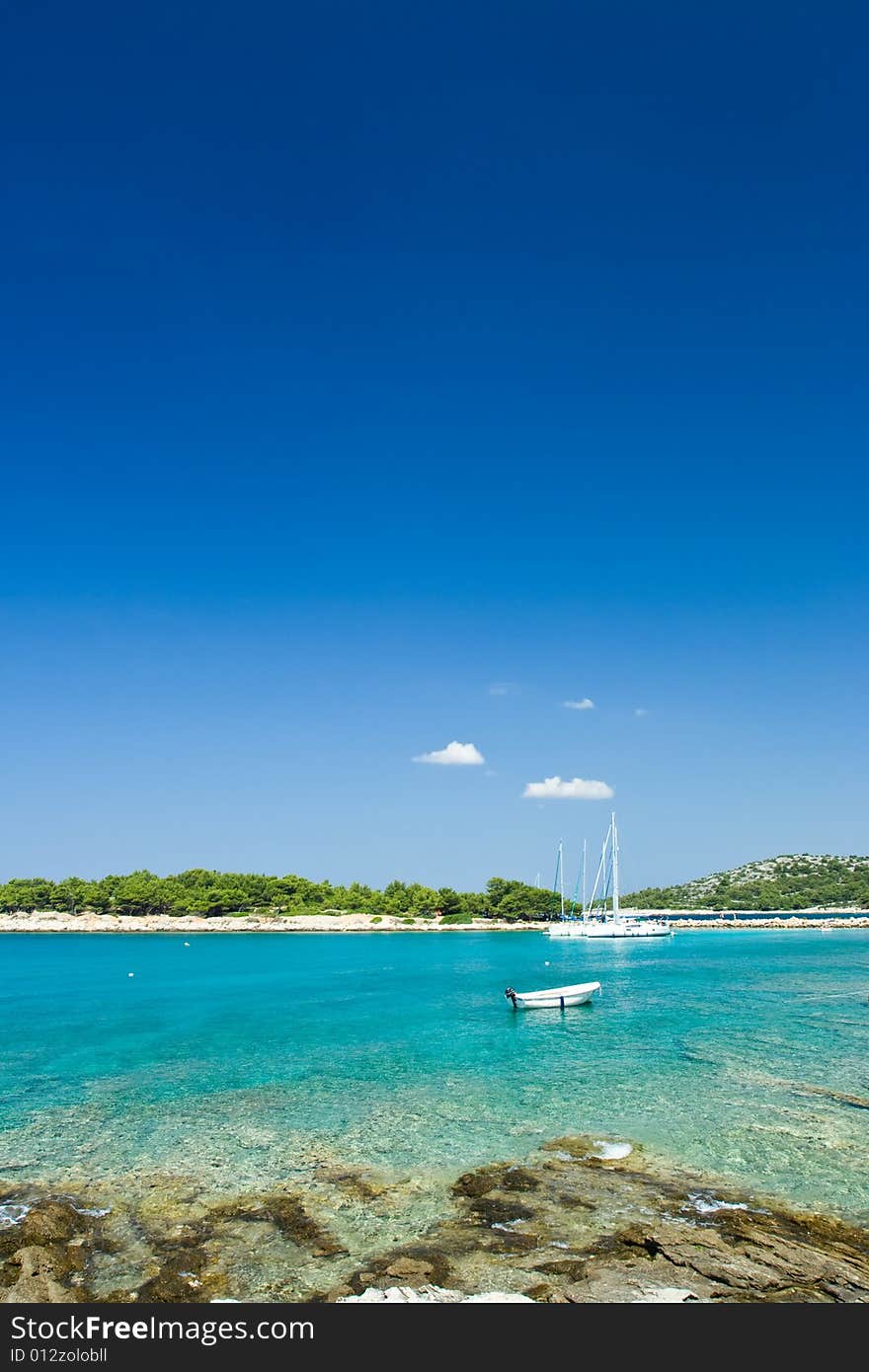 Sail boats docked in beautiful bay, Adriatic sea, Croatia