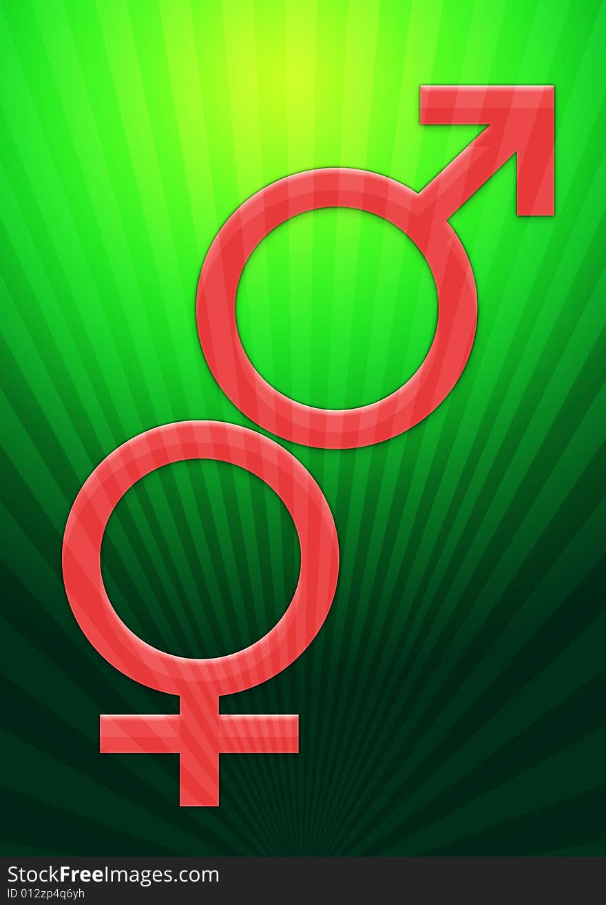 Computer generated feminine and male symbols over rising background. Computer generated feminine and male symbols over rising background