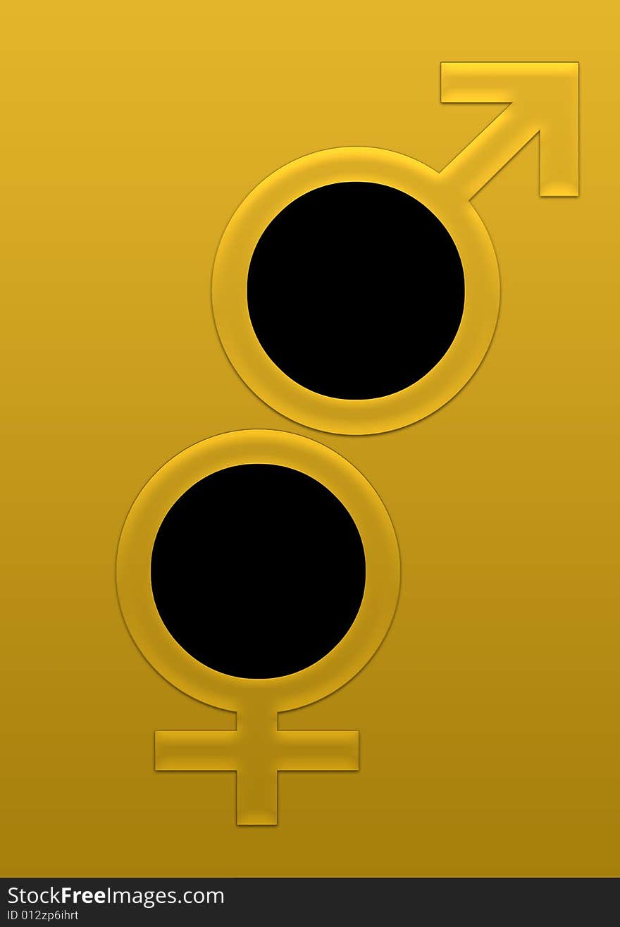 Computer generated feminine and male symbols in golden background. Computer generated feminine and male symbols in golden background