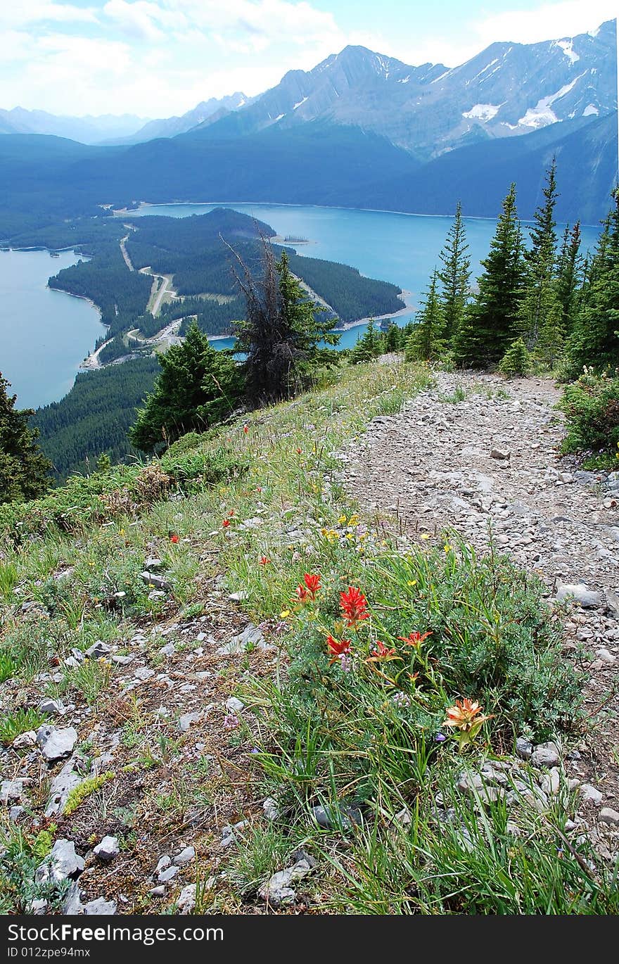 Summit view of upper kananaskis lake from mountain indefatigable, kananaskis, alberta, canada. Summit view of upper kananaskis lake from mountain indefatigable, kananaskis, alberta, canada