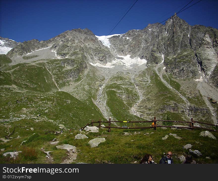 Mont Blanc, view from Pavillon station, on the Italian side of the mountain. Mont Blanc, view from Pavillon station, on the Italian side of the mountain