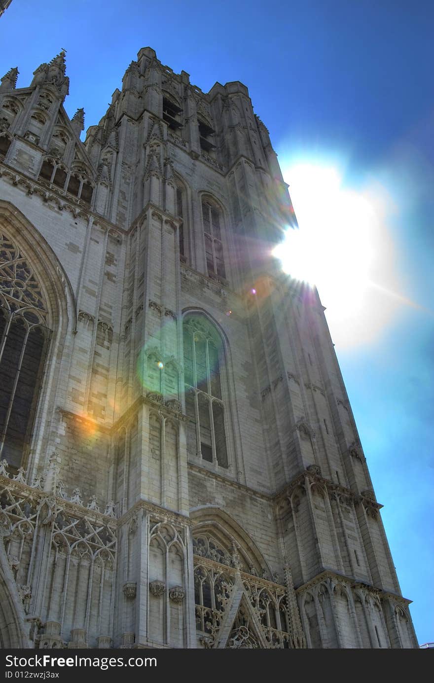 Cathedral history travel lens effect sun light sky architecture monument ancient building religion religious gothic curch tample trip tourism tourist Bruselles Europe Belgium