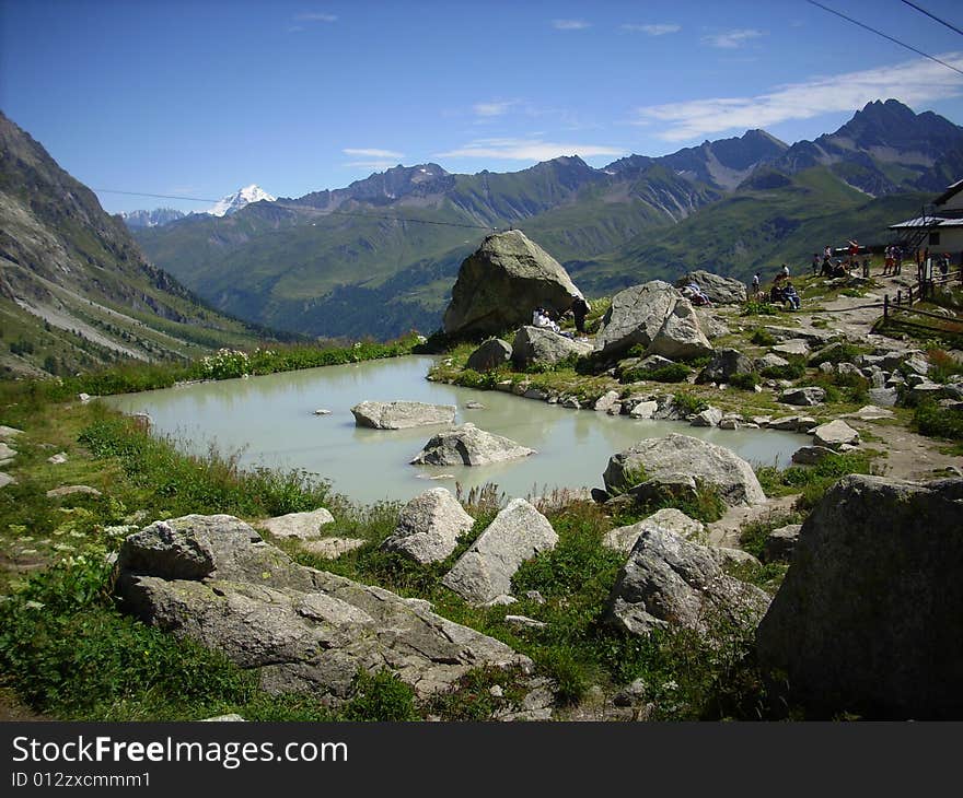 Small lake on the Italian side of Mont Blanc, near the Pavillon station. Small lake on the Italian side of Mont Blanc, near the Pavillon station