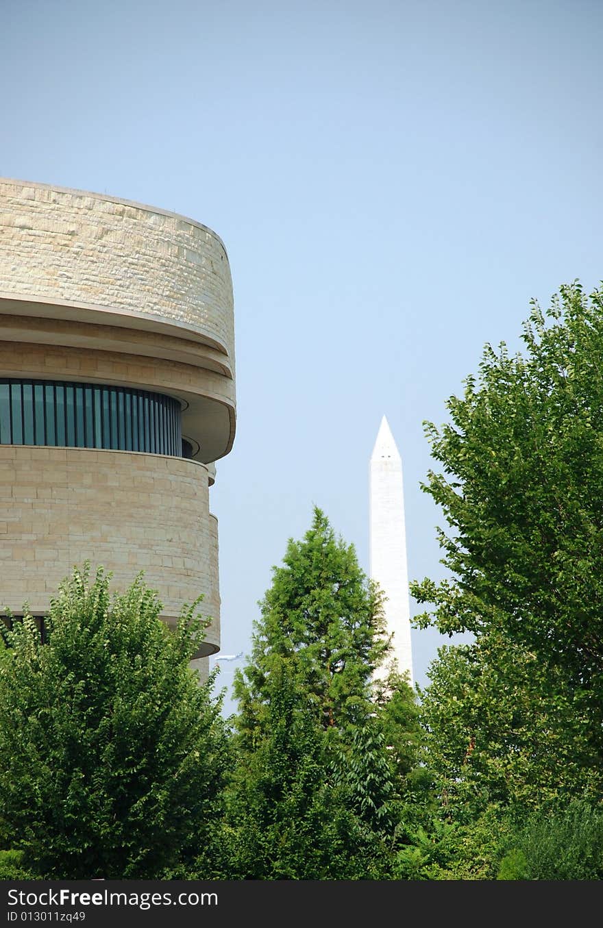 A monument and a building of Mall in Washington, DC. A monument and a building of Mall in Washington, DC.