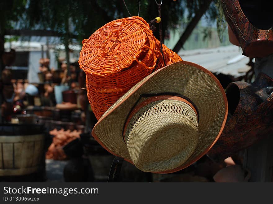 Hand made wicker basket and hat