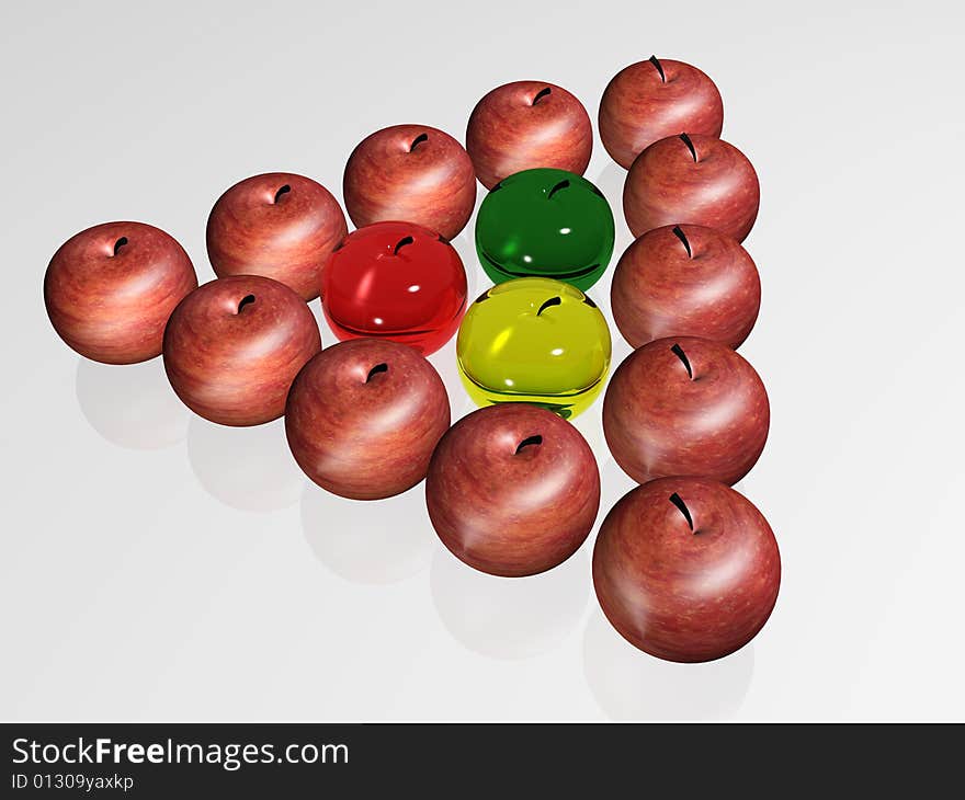 Triangles of apples. 3d render.