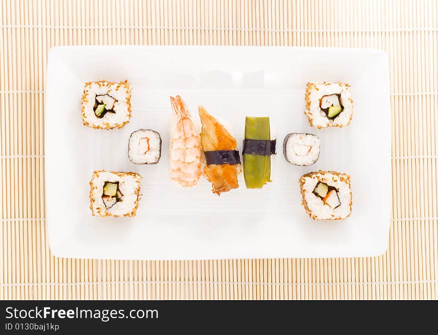 A plate with different kinds of sushi