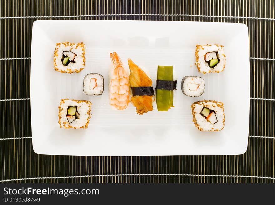 A plate with different kinds of sushi