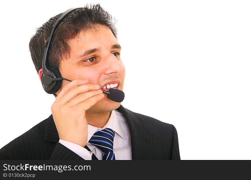 Customer service representative talking to cutomer on headphone. isolated on white background. Customer service representative talking to cutomer on headphone. isolated on white background