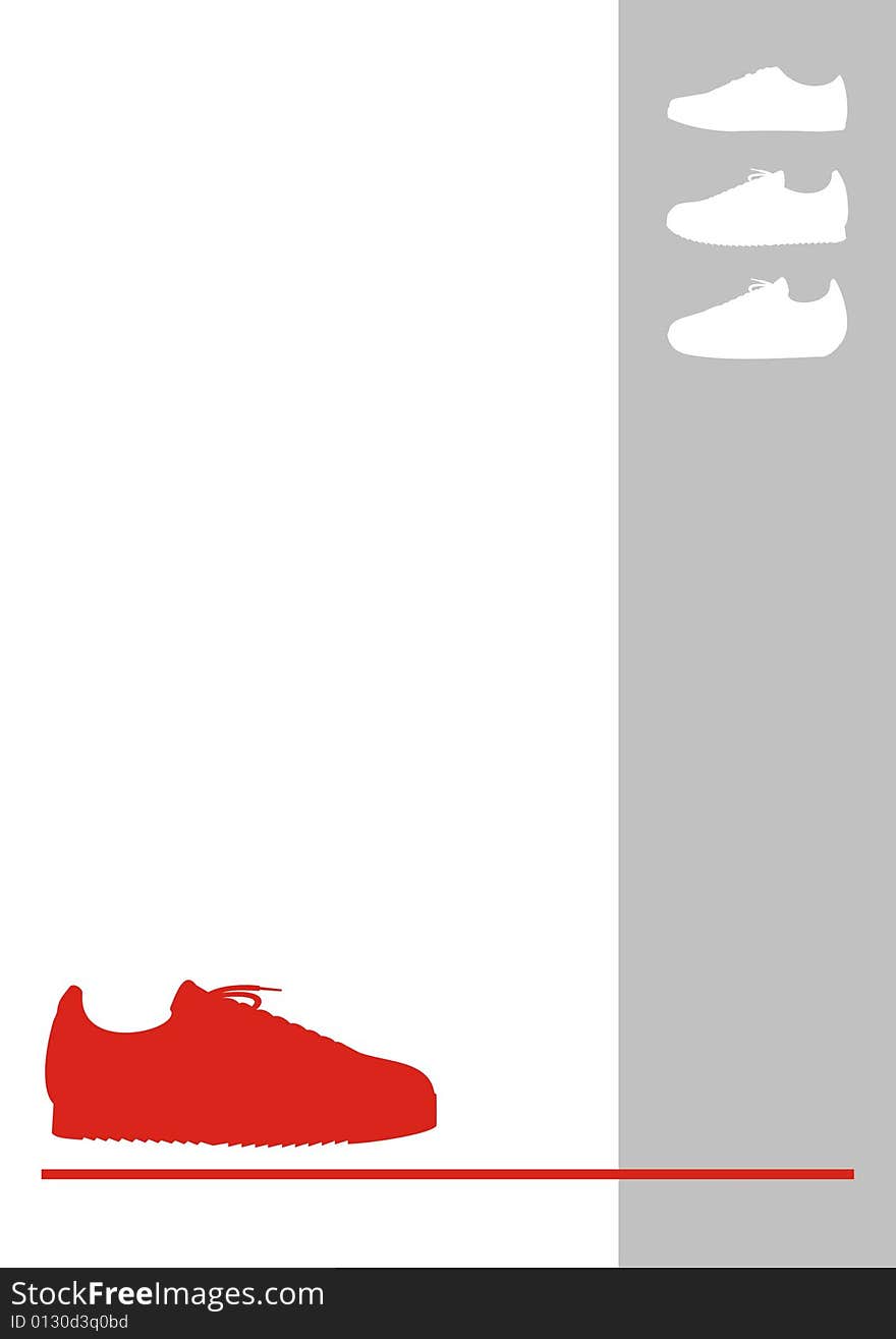 Red gym shoes on a white background. Under gym shoes a red horizontal line. Near to a line a grey rectangular with white gym shoes. Red gym shoes on a white background. Under gym shoes a red horizontal line. Near to a line a grey rectangular with white gym shoes.