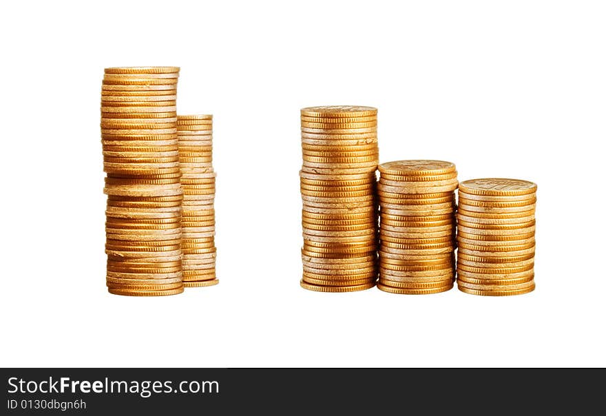 Money, gold coins isolated on white background. Money, gold coins isolated on white background.