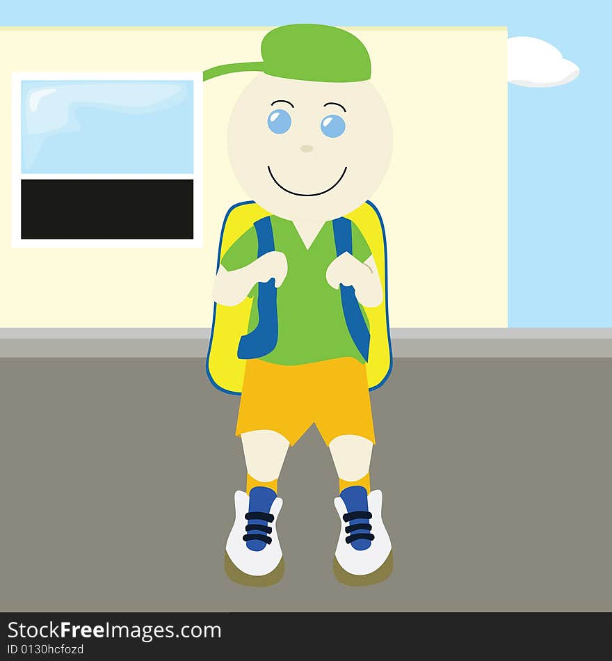 Cartoon illustration of school boy with backpack in front of school. Cartoon illustration of school boy with backpack in front of school