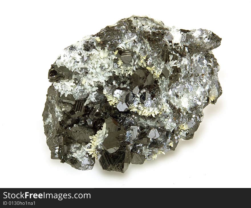 Crystals of a sfalerit and quartz on a white background