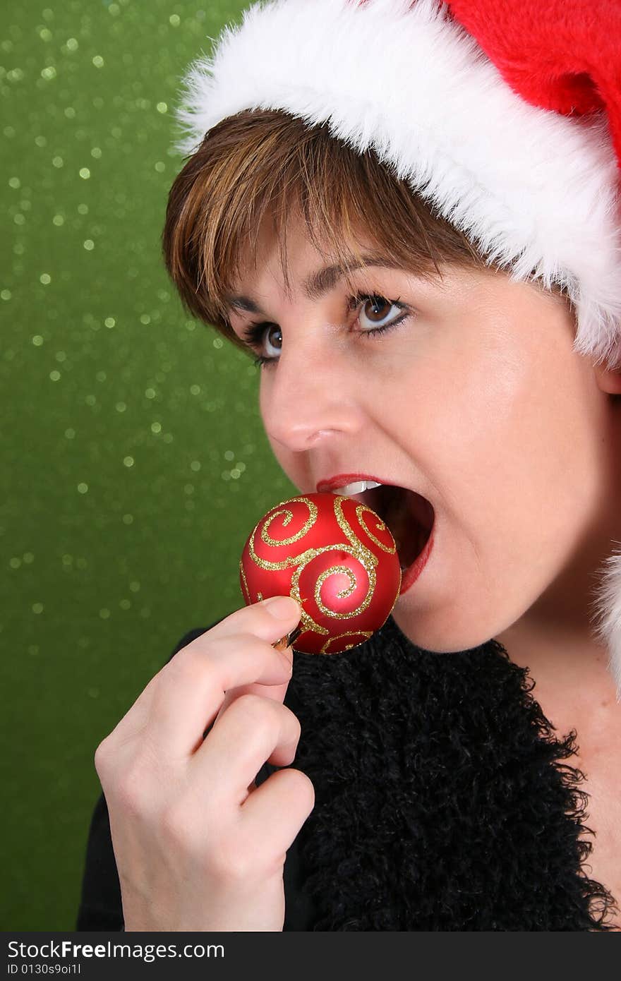 Adult female wearing a christmas hat, attempting to bite a decoration. Adult female wearing a christmas hat, attempting to bite a decoration