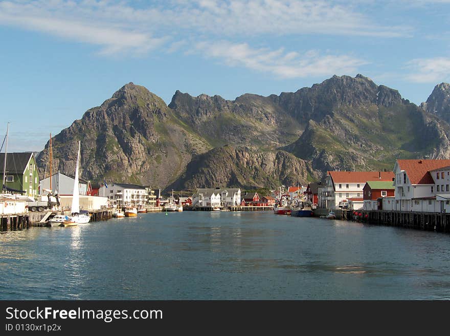 Henningsver in Lofoten seen from the molo. Henningsver in Lofoten seen from the molo