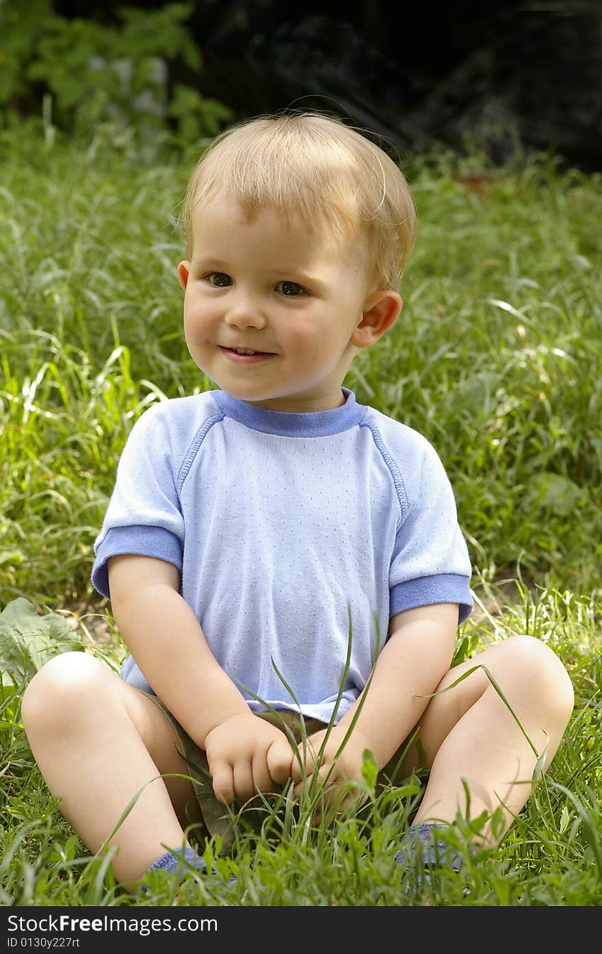 Small boy, two years, sits on the green grass and smiles. Small boy, two years, sits on the green grass and smiles