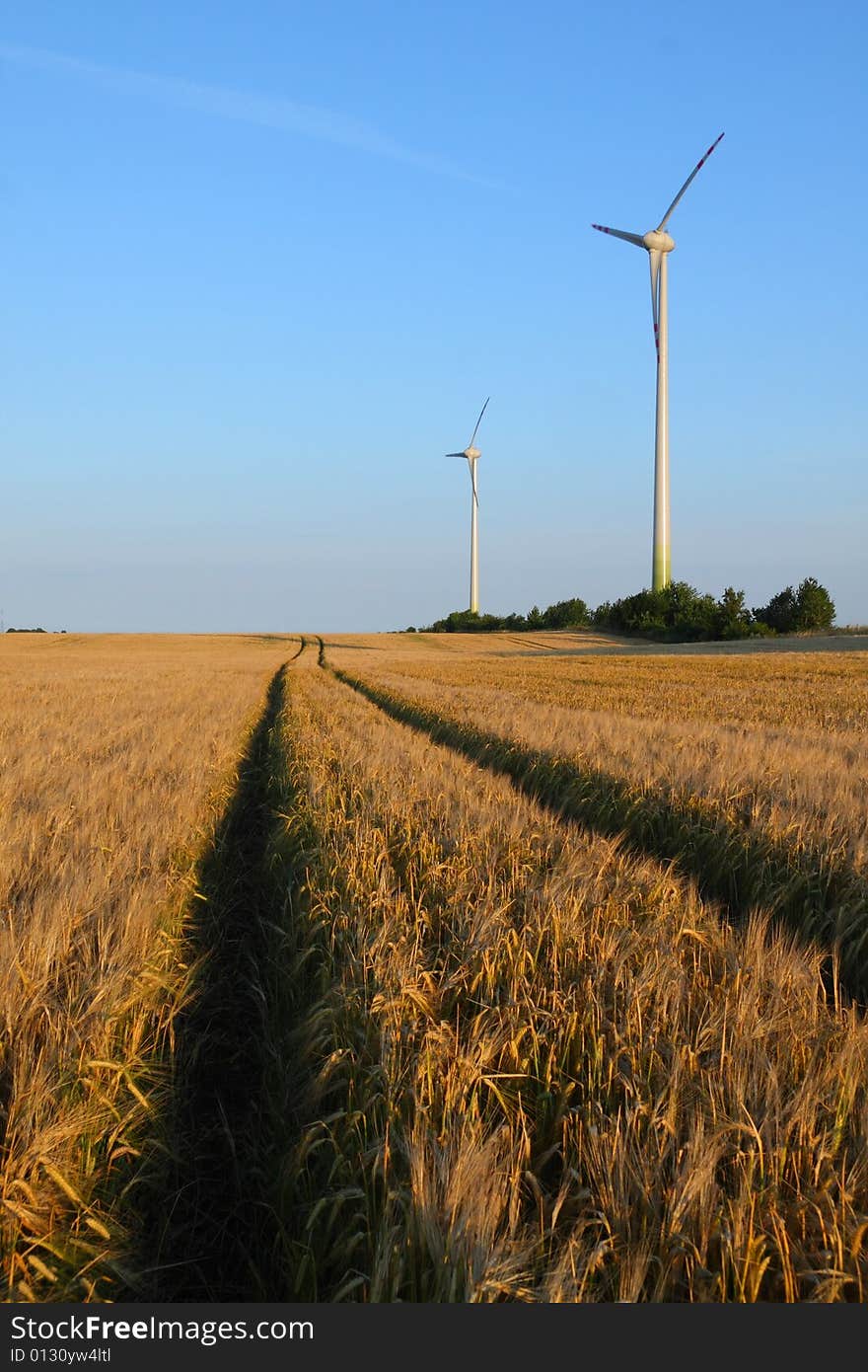 Power generating wind turbines on cultivated wheat field and rural road, Poland. Alternative energy source. Power generating wind turbines on cultivated wheat field and rural road, Poland. Alternative energy source.