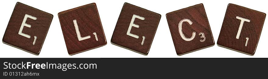 Photo of scrabble tiles spelling the word, Elect. Photo of scrabble tiles spelling the word, Elect