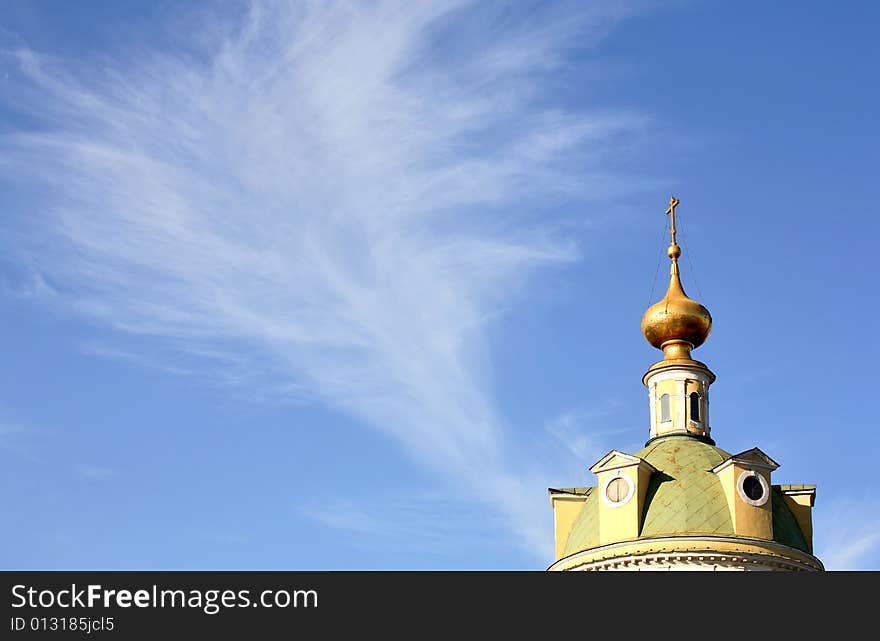 Old Belief Russian church with scenic sky background