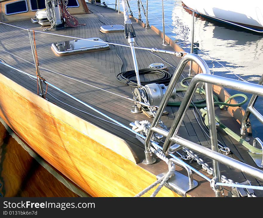 Wooden sail boat deck details.