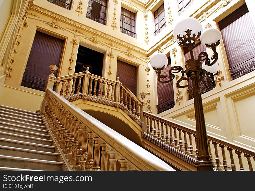 Entrance of decorated building with stairs. Entrance of decorated building with stairs