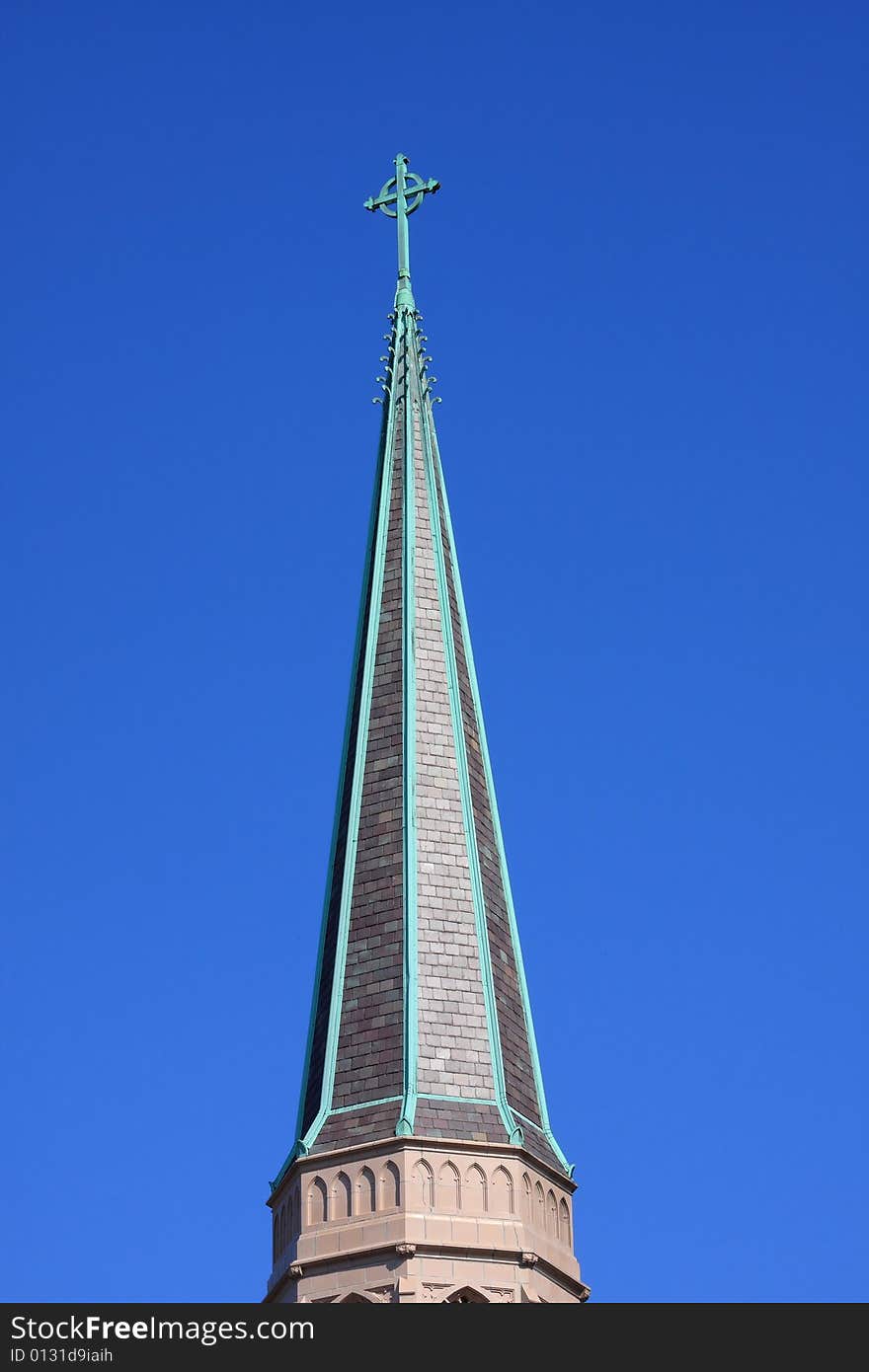 Church steeple with a blue sky background. Church steeple with a blue sky background.