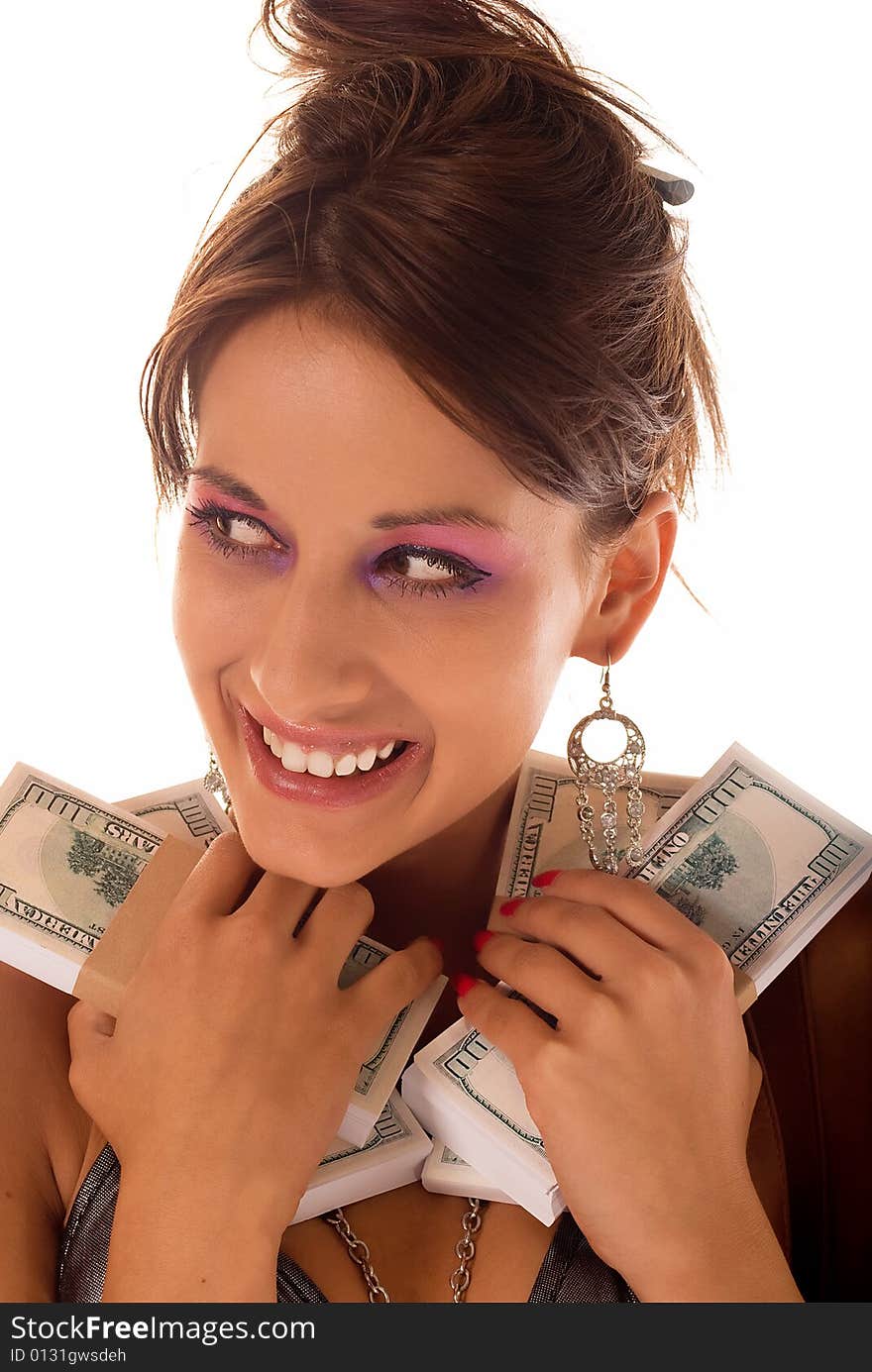 Young happy woman with money stack on white. Young happy woman with money stack on white