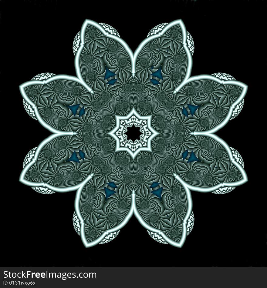 Abstract fractal image resembling an intricate quilted star flower