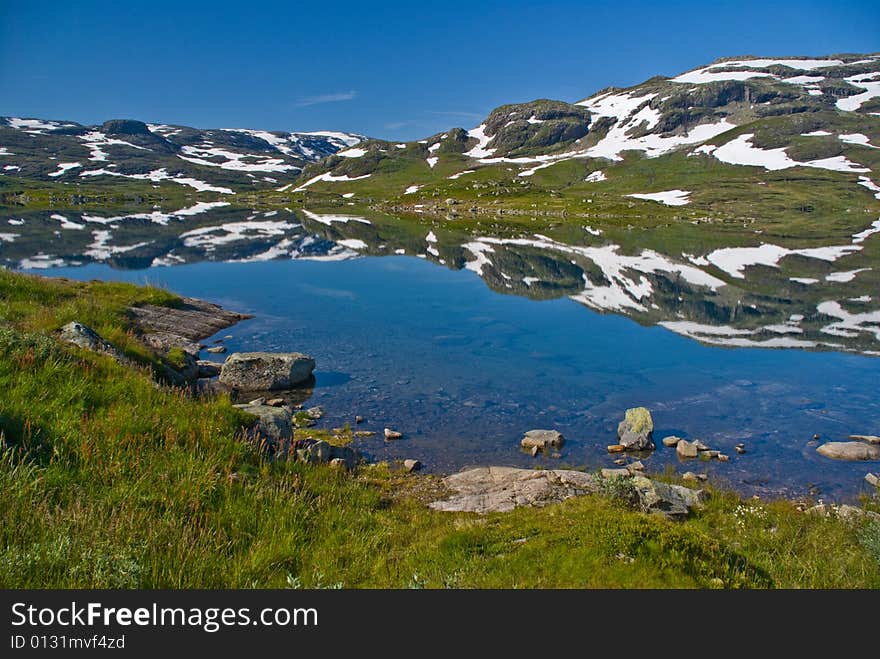 Reflected mountains on smooth surface of the blue lake. Reflected mountains on smooth surface of the blue lake.