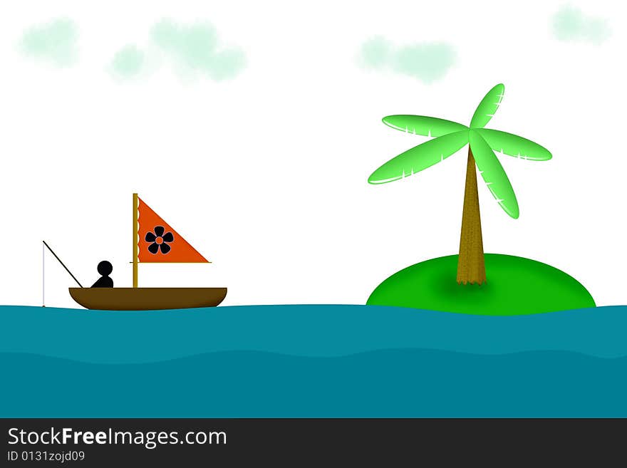 Sailboat with fisherman near an island. Sailboat with fisherman near an island