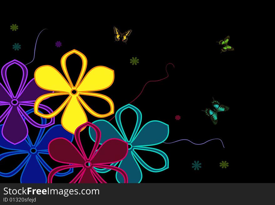 Flowers in different colors with butterflies. Flowers in different colors with butterflies